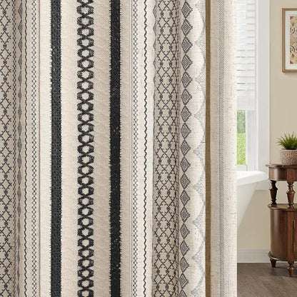 Black Shower Curtain,Boho Linen Shower Curtain for Bathroom with Striped Print,72" W x 72" L