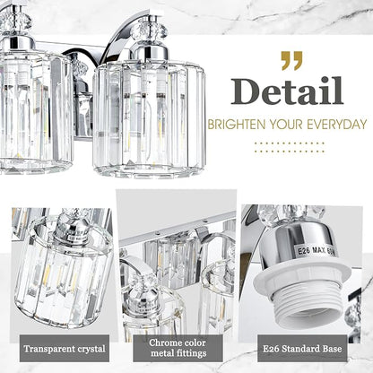 3-Light Modern Bathroom Light Fixture Chrome Vanity Lights Over Mirror Wall Sconce Lighting with K9 Crystal Shades Bathroom Wall Lamp E26 Base for Bedroom, Living Room, Hallway, Cabinet