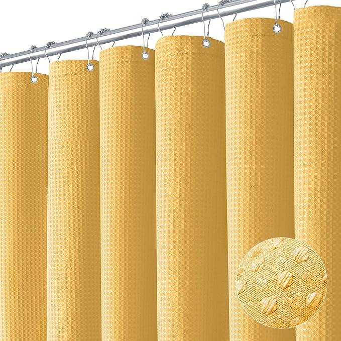 Extra Long Waffle Shower Curtain 256 GSM Fabric 72x96 Gold | 96 Inch Tall, Thick Cloth, Weighted Hem, Water Repellent, Hotel Luxury Polyester Shower Curtain Set for Bathroom 12 Hooks
