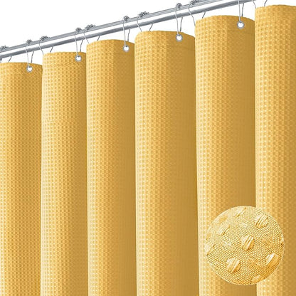 Extra Long Waffle Shower Curtain 256 GSM Fabric 72x96 Gold | 96 Inch Tall, Thick Cloth, Weighted Hem, Water Repellent, Hotel Luxury Polyester Shower Curtain Set for Bathroom 12 Hooks