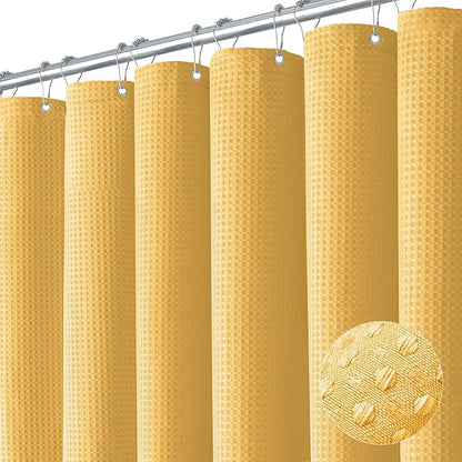 Waffle Shower Curtain 256 GSM Heavy Duty Fabric 72"x72" Gold | Thick Textured Cloth, Weighted Hem, Water Repellent Washable, Hotel Luxury Polyester Shower Curtain Set for Bathroom 12 Hooks