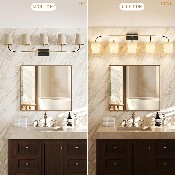 Morauroral Bathroom Light Fixtures Over Mirror, 5 Light Vanity Light for Bathroom, Black Gold Vanity Light Fixtures with Fabric Linen Shade, E26 Socket Sconce Wall Decor(ETL Listed)