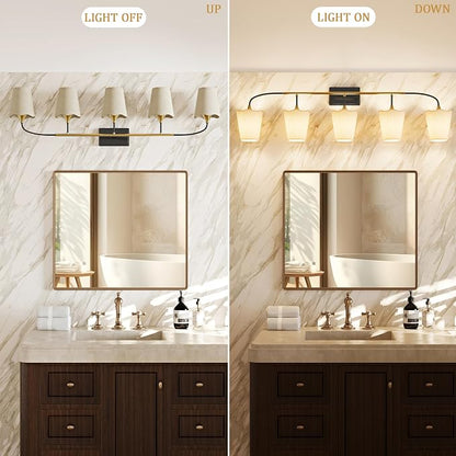 Morauroral Bathroom Light Fixtures Over Mirror, 5 Light Vanity Light for Bathroom, Black Gold Vanity Light Fixtures with Fabric Linen Shade, E26 Socket Sconce Wall Decor(ETL Listed)