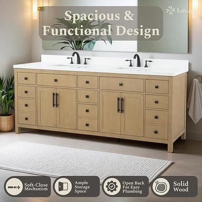 Lavanti Oakford 84 Inch Bathroom Vanity with Sink – Stylish Firwood Oak Vanity Bathroom with Storage Cabinet – Modern Bathroom Vanities with Double Vanity Sink & Quartz Countertop
