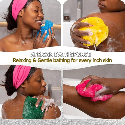 Authentic African Net Sponge, 5 Pack 45-Inch Exfoliating Bath Sponge and Shower Loofah for Body and Back, Colorfast Quick-Dry Knotted Mesh Scrubber with Travel Pouch