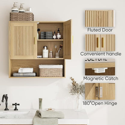 Fluted Bathroom Cabinet, Bathroom Wall Cabinet with Adjustable Shelves, Wooden Wall Storage Cabinet for Bathroom, Kitchen, Living Room, Bedroom
