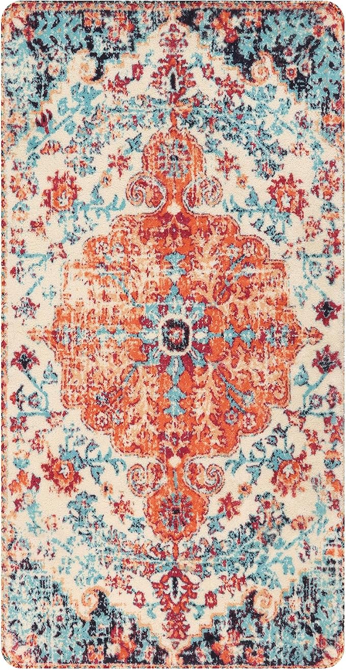 Lahome Bohemian Floral Medallion Area Rug - 3x5 Bedroom Rug Soft Throw Printed Bathroom Kitchen Entry Foyer Mat, Vintage Non-Slip Washable Carpet for Front Door Laundry Room Bath Office, Orange