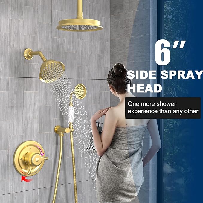 Antique Brass Shower System, 9" & 6" Dual Rain Heads and Handheld Spray Vintage Fixtures, 3-Function Dual Knob Valve with Separate Temperature Control, Brused Gold