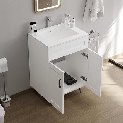 24 Inch Bathroom Vanity with Sink, Modern Wooden Freestanding Bathroom Storage Cabinet with 2 Doors and 1 Drawer, Metal Legs, Painted Surface, White