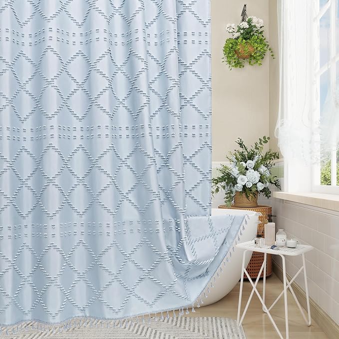 Blue Boho Woven Fabric Shower Curtain with Tassel 72 x 78, Tufted Textured | Modern Farmhouse Curtain for Bathroom, Long Bathroom Curtain, Minimalist Decor, Waterproof
