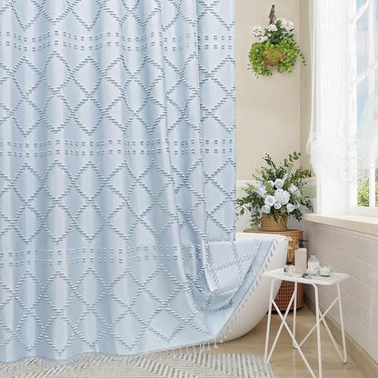 Blue Boho Woven Fabric Shower Curtain with Tassel 72 x 78, Tufted Textured | Modern Farmhouse Curtain for Bathroom, Long Bathroom Curtain, Minimalist Decor, Waterproof