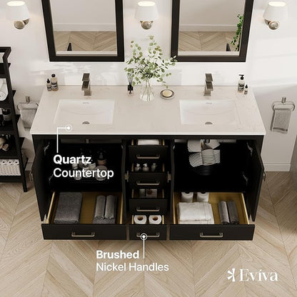 Eviva London 60" W x 18" D Espresso with Sink Bathroom Vanity with White Carrara Quartz Countertop and Undermount Porcelain Sinks