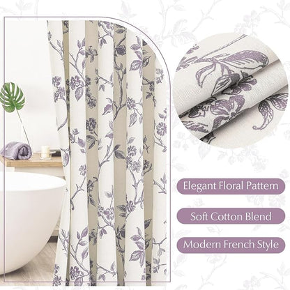 MitoVilla Long Shower Curtain Set 72 x 78, Cotton Floral Cottagecore Spring Shower Curtains for Bathroom, Modern Farmhouse Country Plant Leaves Bathroom Décor