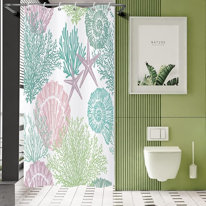 Nautical Coastal Shower Curtain, Pink Green Purple Ocean Beach Seashell Starfish Themed Bathroom Curtain Waterproof Fabric Machine Washable with Hooks, 36" Wx72 L