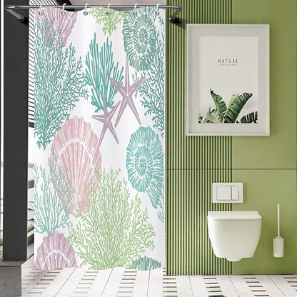 Nautical Coastal Shower Curtain, Pink Green Purple Ocean Beach Seashell Starfish Themed Bathroom Curtain Waterproof Fabric Machine Washable with Hooks, 36" Wx72 L