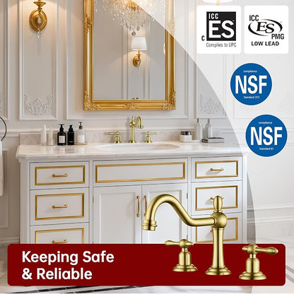 SUMERAIN 8 inch Widespread Bathroom Sink Faucet, Brushed Gold | 3 Holes, 2 Handle, 360°Swivel Spout, Vintage Style