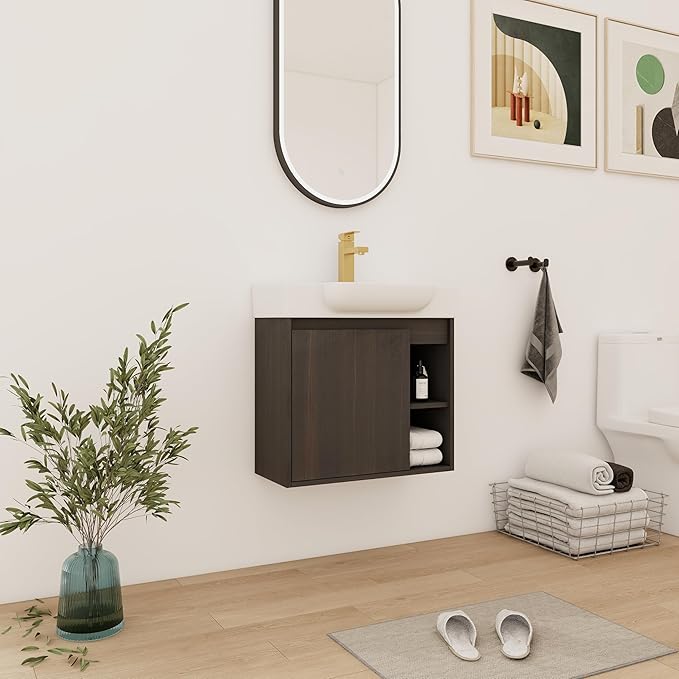 24" Wall-Mounted Bathroom Vanity with Ceramic Sink, 24 inch Floating Single Sink Vanity Cabinet Modern Brown 1-Door Design with Storage Shelf (Space-Saving for Small Bathrooms), Black