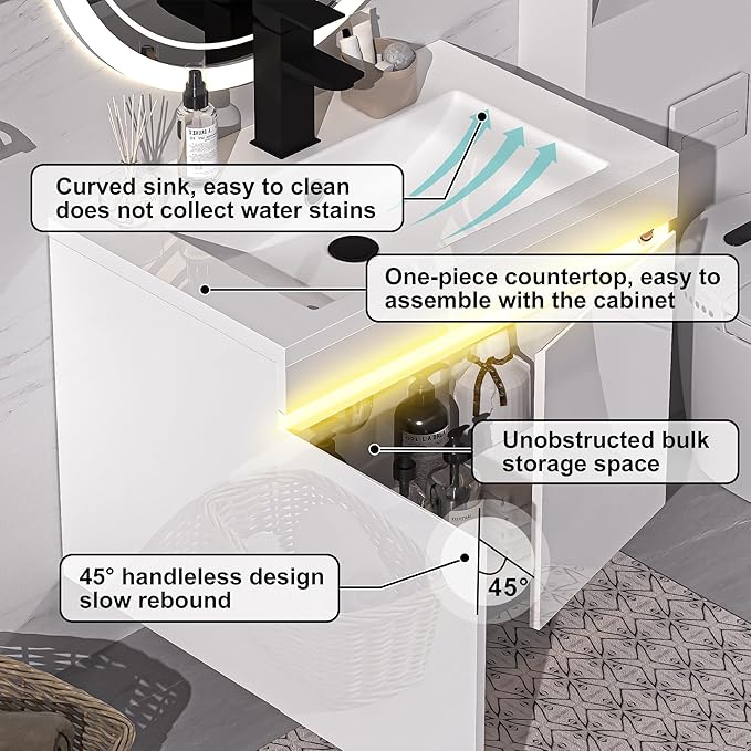 AHB 24 inch Bathroom Vanity W/Sink Combo, High Gloss Bathroom Cabinet, Smart Wall Mounted Sink Cabinet Auto Motion Sensor LED Light, Modern Floating Vanity with Faucet
