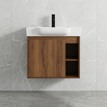 24" Bathroom Vanity with Sink, Wall-Mounted Cabinet, Brown Ebony | Ceramic Sink, Soft-Close Door & 2 Open Storage Shelves, Modern Farmhouse Sink Cabinet, Easy to Clean for Small Bathroom