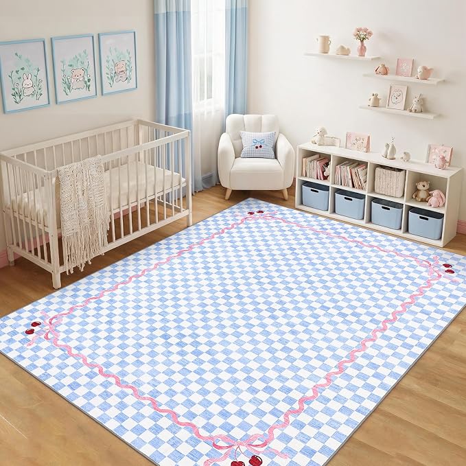 Garvee Washable Baby Blue 8x10 Area Rugs for Living Room, Checkered Cherry | Coquette Non Slip Soft Bedroom Rugs Non Shedding Low Pile Stain Resistant Carpet for Nursery Grils Room Dorm Playroom Office