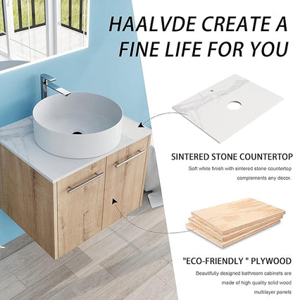 24" Floating Vanity with Sink, 24 Inch Bathroom Vanity with Sink, Modern Plywood Floating Cabinet with Sintered Stone Countertop and White Ceramic Basin, Soft Close Doors