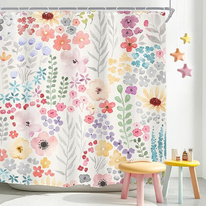 Extra Long Boho Wildflower Watercolor Plant Art Bathroom Shower Curtain Set | 72"W x 84"H Leaves Botanical; waterproof HD print, quick-dry fabric with 12 hooks for easy hanging.