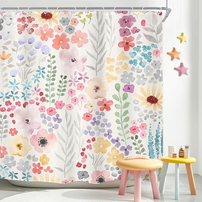 Floral Flower Cute Colorful Extra Long Plants Bathroom Shower Curtain Set | 72"W x 78"H Botanical Pink; waterproof HD print, quick-dry fabric with 12 hooks for easy hanging.