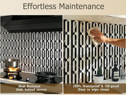 STICKGOO Peel and Stick Backsplash Tiles 12"x12", Waterproof Stick on Kitchen & Bathroom Backsplash, PVC Self Adhesive Wall Tiles for Fireplace, White/Marble Black (10 Sheets)