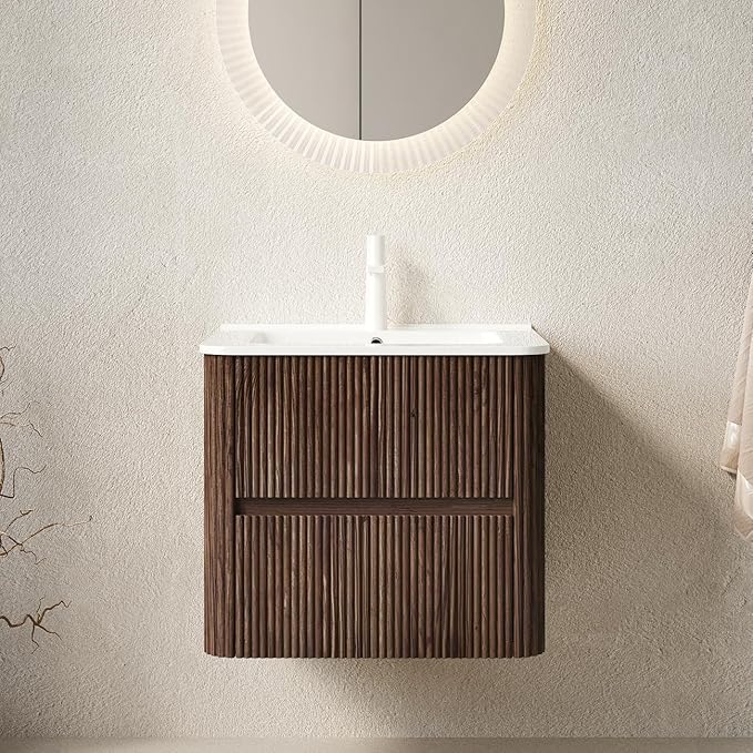 24" Floating Bathroom Vanity with Sink, Wall Mounted Modern Bathroom Cabinet with 2 Soft Close Drawers, Oak & Plywood, Pre-Assembled with Integrated Ceramic Basin – Bruges, Retro Walnut