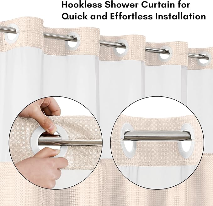 Americanflat 72x75 Hookless Waffle Pattern Shower Curtain - Water-Resistant Long Shower Curtain with Sheer Panel, Snap-in Liner, and Durable Grommets - 100% Polyester - Pink