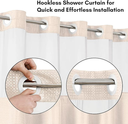 Americanflat 72x75 Hookless Waffle Pattern Shower Curtain - Water-Resistant Long Shower Curtain with Sheer Panel, Snap-in Liner, and Durable Grommets - 100% Polyester - Pink