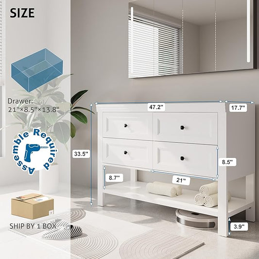 eclife 48" Bathroom Vanity with Sink Combo, Modern Painted Vanities Cabinet with Big Drawers, Opening Bottom Shelf, Raised Foot Pads, Exclude Undermount Sink, Faucet & Drain, White