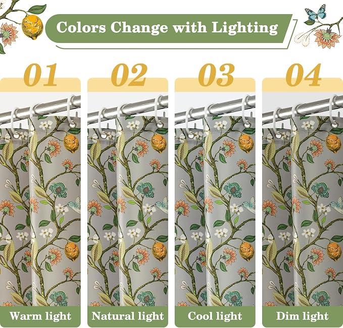 Grey Floral Bird Shower Curtain 72x72, Hummingbird and Lemon Botanical Fabric Bath Curtains, Lightweight Quick-Dry Bathroom Decor Set with Hooks