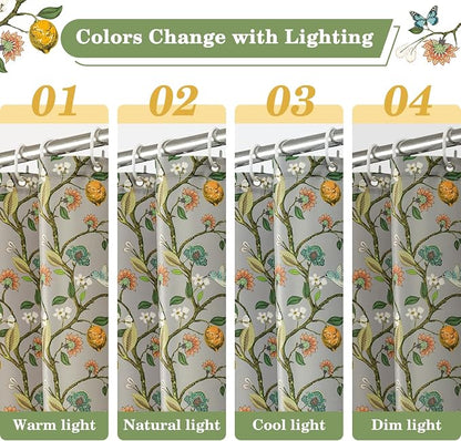 Grey Floral Bird Shower Curtain 72x72, Hummingbird and Lemon Botanical Fabric Bath Curtains, Lightweight Quick-Dry Bathroom Decor Set with Hooks