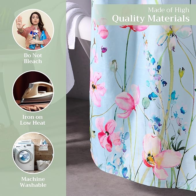 Maison d' Hermine Shower Curtain 100% Cotton One Panel 70"x72" Washable Fabric Shower Curtains for Bathroom, Easy Hanging with 12 Button Holes - Home Hotel Spa Easter Gifts (Delphinium - Cyan)
