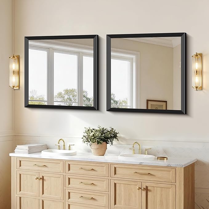 Black Bathroom Mirror 36 x 36 Inch Rectangle Wave Beveled Frame for Wall Bathroom Vanity Mirror for Over Sink, Tempered Glass,for Entryway Hangs, Bathroom Living Room Horizontal or Vertical