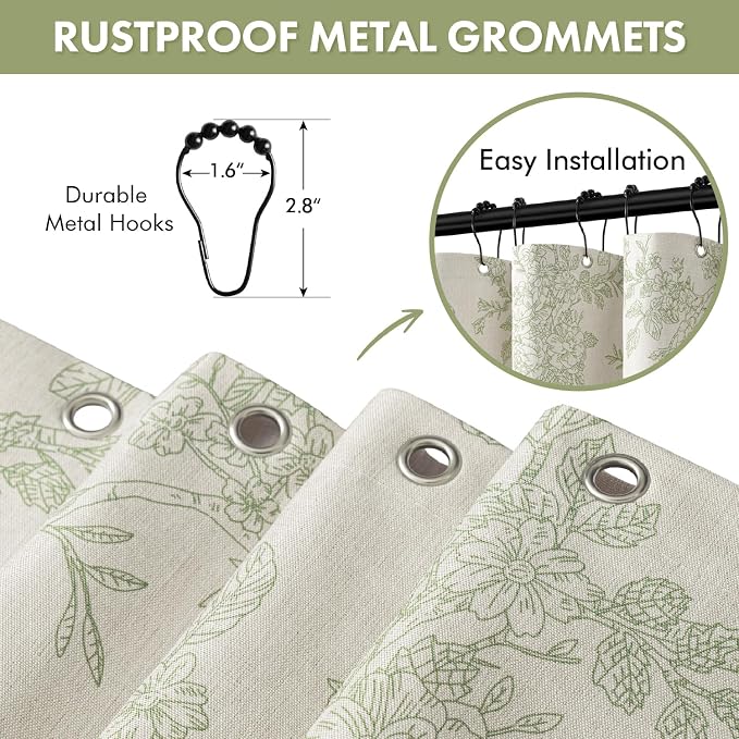 Spring Extra Long Linen Green Floral Shower Curtain W72*L84 Inches | Linen Textured Fabric, 12 Rustproof Metal Hooks, Wrinkle Resistant Cloth, Machine Washable, Bathroom Decor for Cottage Core