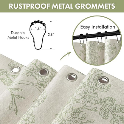Spring Extra Long Linen Green Floral Shower Curtain W72*L84 Inches | Linen Textured Fabric, 12 Rustproof Metal Hooks, Wrinkle Resistant Cloth, Machine Washable, Bathroom Decor for Cottage Core