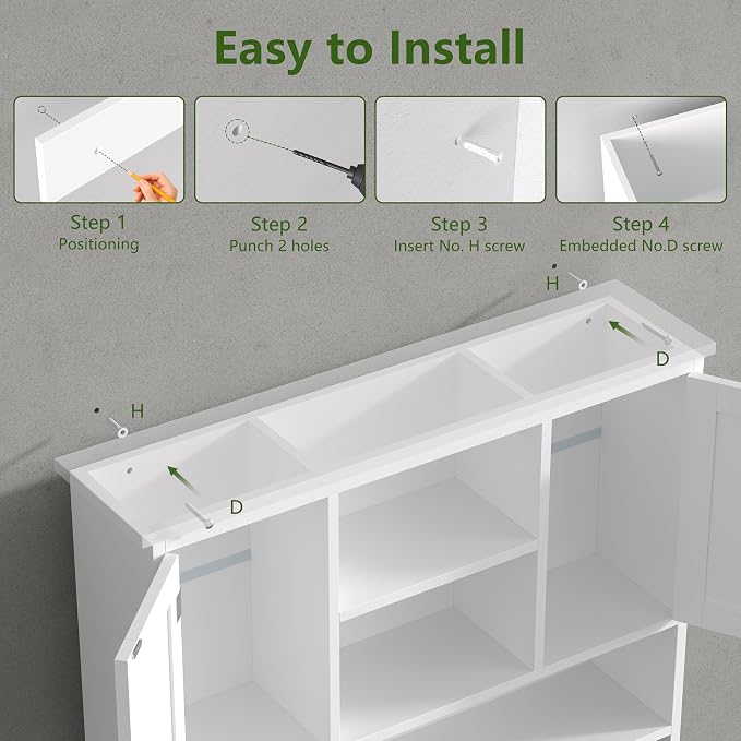 Bathroom Wall Cabinet with Doors and Hooks, 3-Tier Wall Mounted Cabinet | Farmhouse Medicine Cabinet with 3 Open Shelves, Over the Toilet Storage Cabinet for Kitchen, Laundry Room, Living Room, White