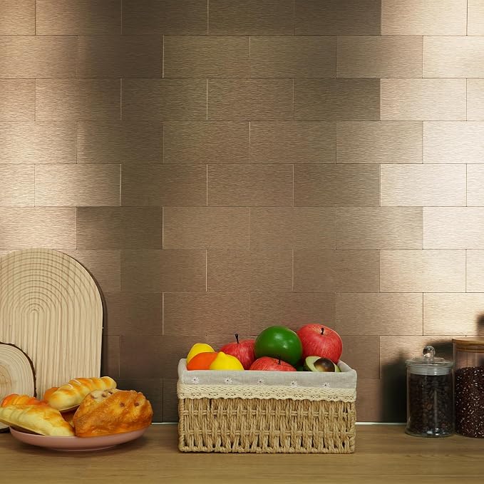 Vamos Tile 100-Piece Peel and Stick Backsplash Seamless Tile,3''x6'' Brushed Rose Gold Metal Subway Tile,Stick on Backsplash for Kitchen/Bathroom/Laundry Room