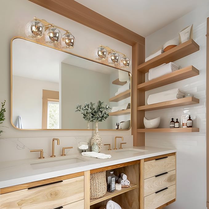 KSANA 3-Light Gold Vanity Light, Modern Globe Bathroom Light Fixtures with Mercury Glass Shades Over Mirror