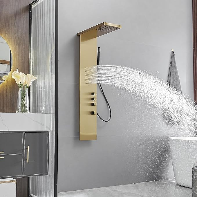 Shower Tower Bathroom Shower Panel System with Rainfall Shower Head Hand Shower and Large Area Body Spray, Stainless Steel Multi-Function Shower Fixtures, Brushed Gold