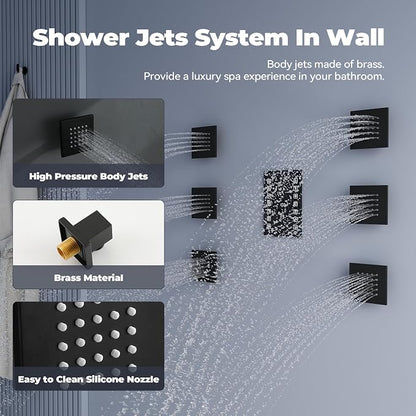 CASAINC Thermostatic Shower System with Body Jets, 36x12 Inch Luxury 6 Functions Waterfall Shower Jets System, Multifunctional Full Body Shower System with Sliding Rod Hand Shower, LED & Music