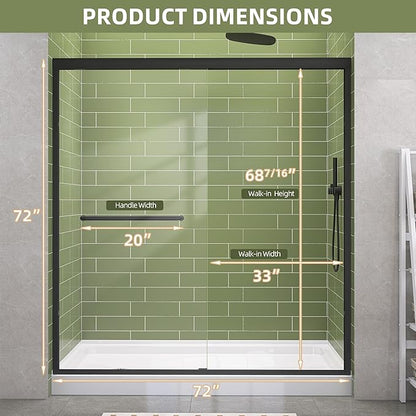 GETPRO Shower Door 68-72 in. W x 72 in. H Double Sliding Semi-Frameless Bypasss Bathroom Shower Glass Doors,1/4 inch Clear Tempered Glass Door for Walk-in Shower Matte Black