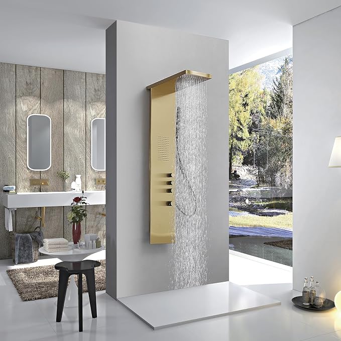 Brushed Gold Shower Panel Tower System Bathroom Wall Mount | Rain Shower Head with Body Jet Massage and Rainfall Hand Shower,High Pressure Large Area,Flexible Shower Hose,Stainless Steel
