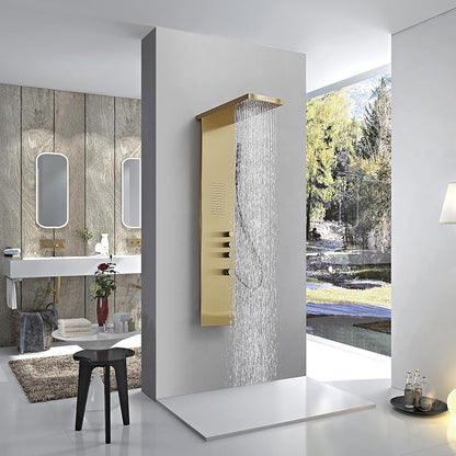 Brushed Gold Shower Panel Tower System Bathroom Wall Mount | Rain Shower Head with Body Jet Massage and Rainfall Hand Shower,High Pressure Large Area,Flexible Shower Hose,Stainless Steel