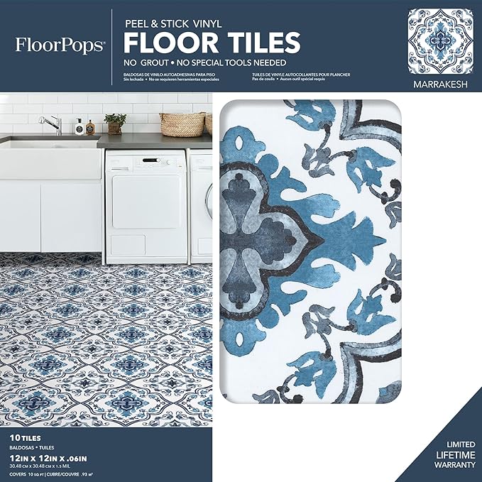 FloorPops FP3932 Marrakesh Peel & Stick Floor Tiles, Blue