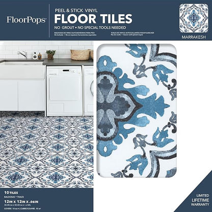 FloorPops FP3932 Marrakesh Peel & Stick Floor Tiles, Blue
