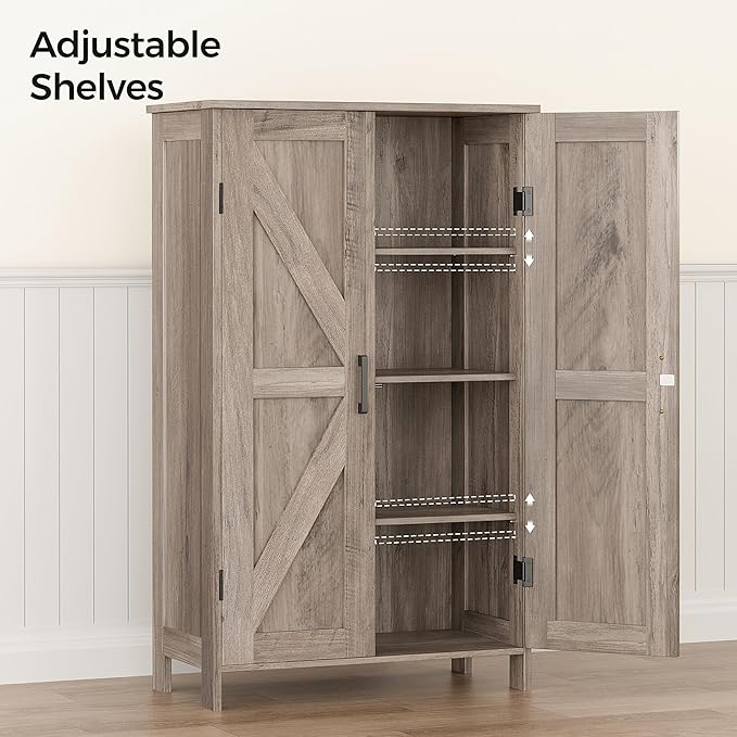 Homleke 43.3" H Farmhouse Bathroom Storage Cabinet with Adjustable Shelves | Freestanding Storage Cabinet with Barn Doors for Bathroom, Kitchen, Living Room, Dining Room & Entryway, Greige