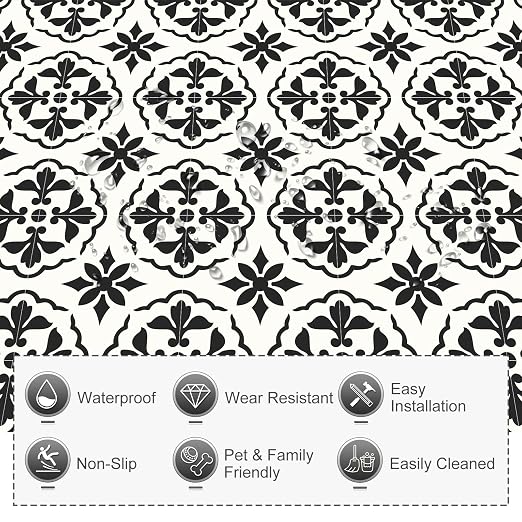 MORCART 40PCS 7.87" x 7.87" Peel and Stick Floor Tile, Black Retro Design | Self-Adhesive DIY Vinyl Flooring, Removable and Waterproof Tile Sticker for Bathroom, Kitchen, Wall, Bedroom, Stairs